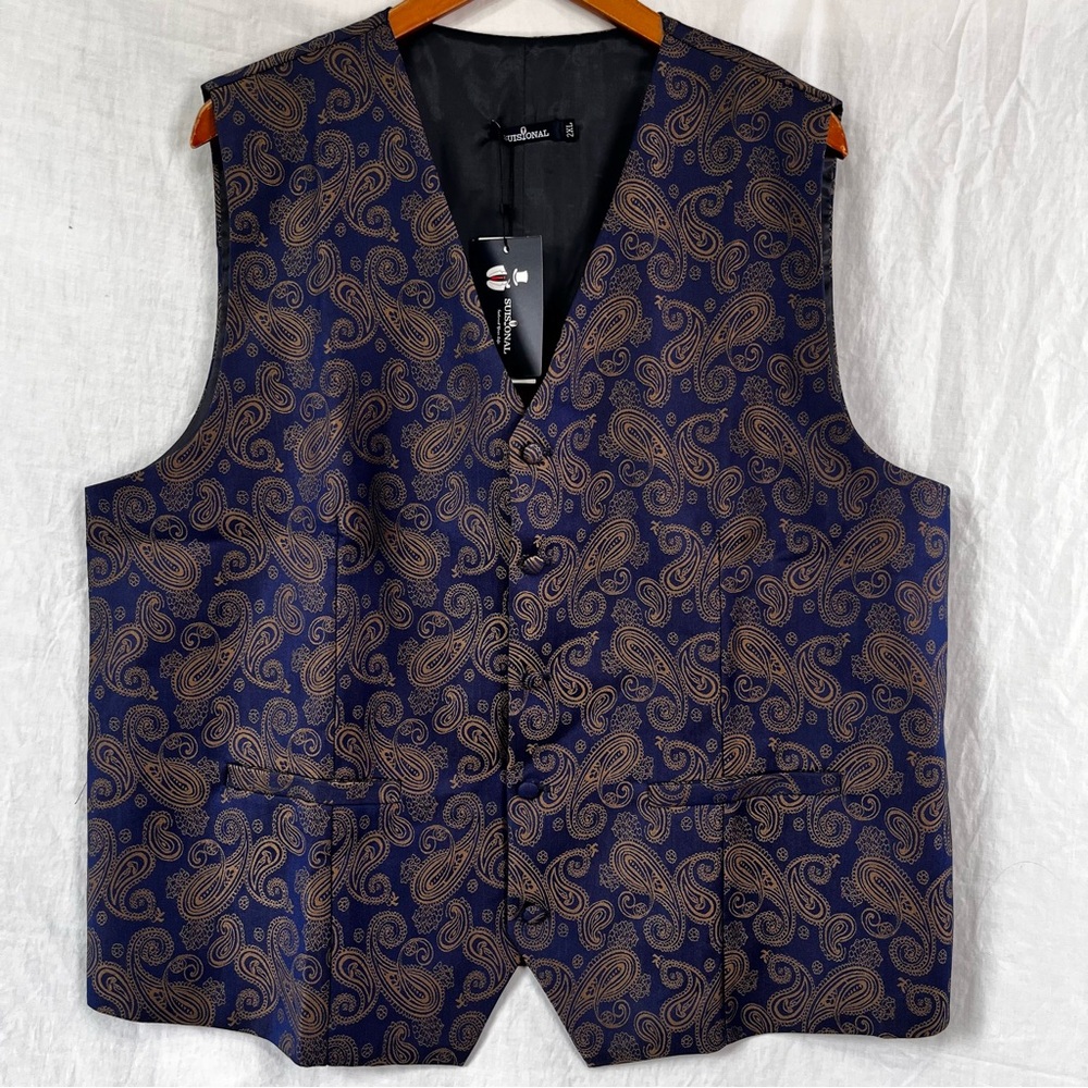 SuiSional Mens 2XL Paisley Waistcoat First Class Blue Gold Vest Fancy Formal Top